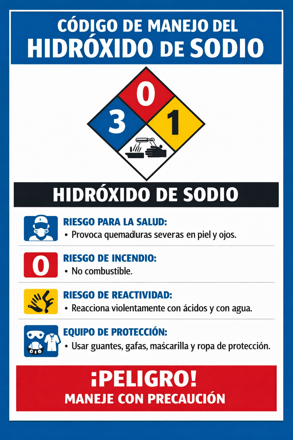 Safety label for sodium hydroxide in Spanish with hazard symbols and safety precautions.